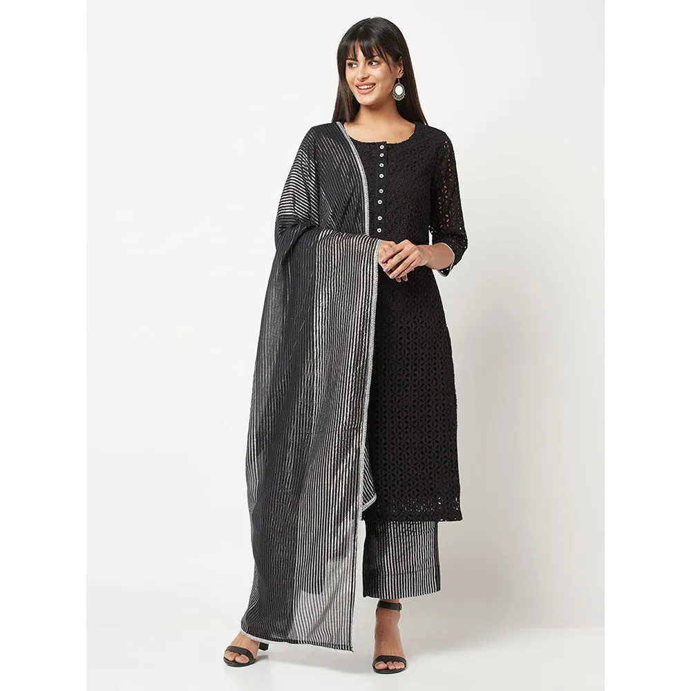 Barara Ethnic Black Schiffli Kurta With Dupatta (Set of 3)