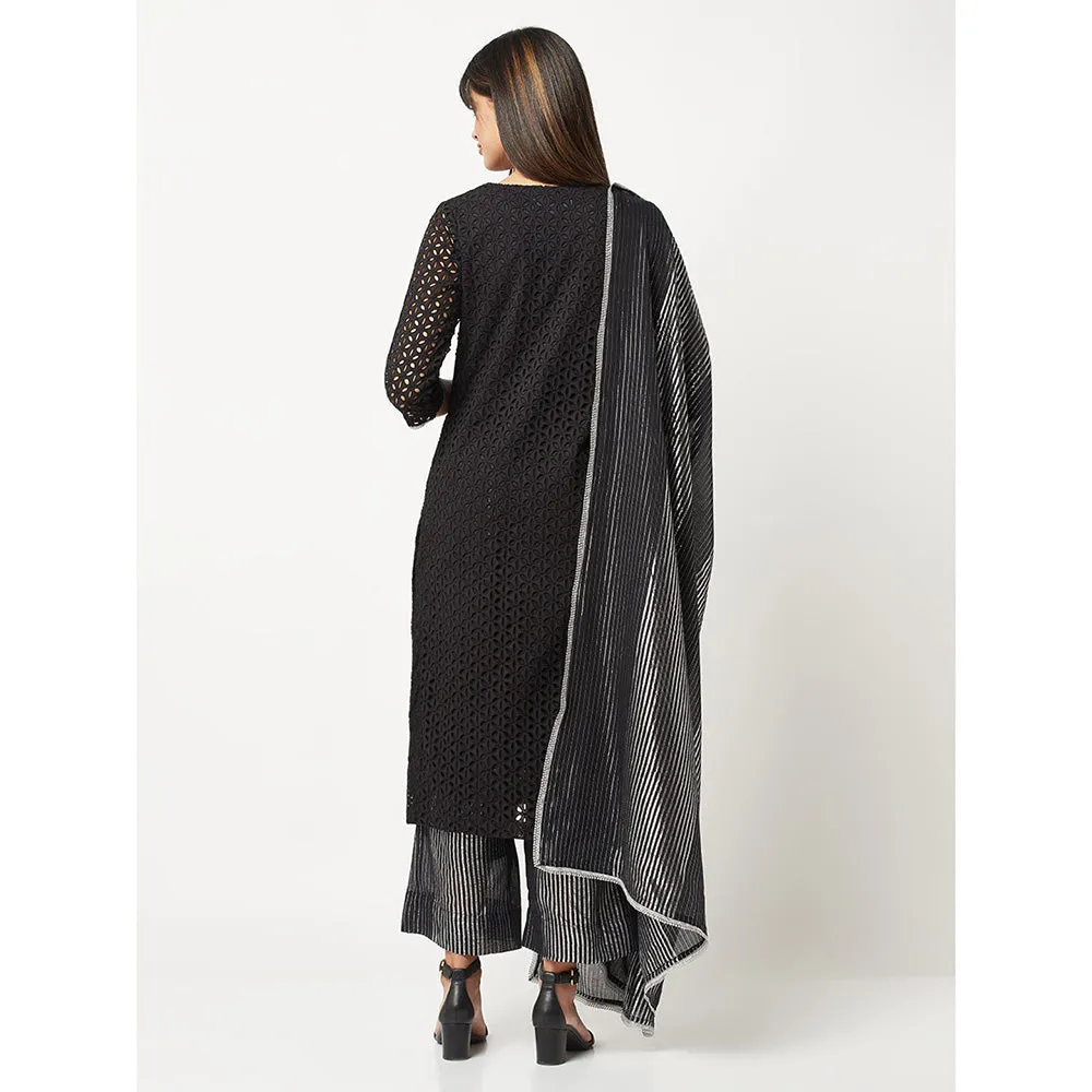Barara Ethnic Black Schiffli Kurta With Dupatta (Set of 3)