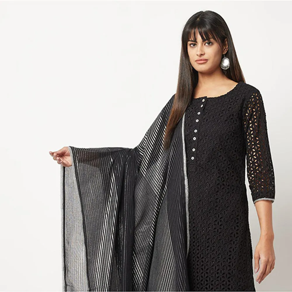 Barara Ethnic Black Schiffli Kurta With Dupatta (Set of 3)
