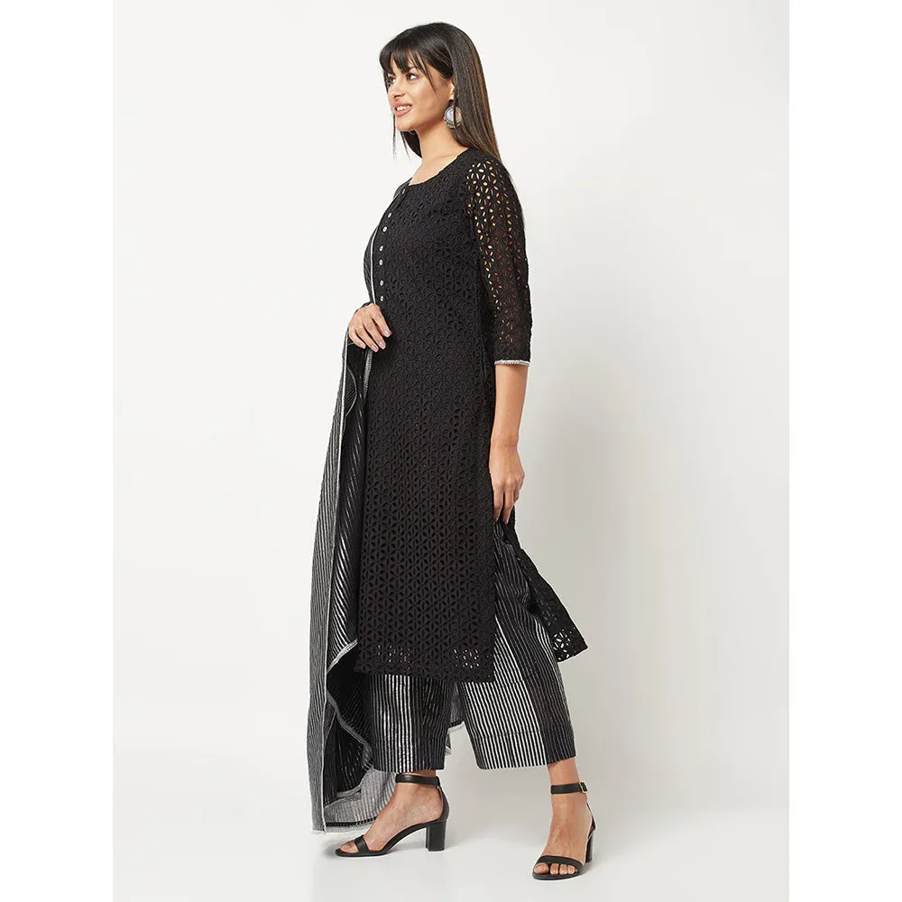 Barara Ethnic Black Schiffli Kurta With Dupatta (Set of 3)