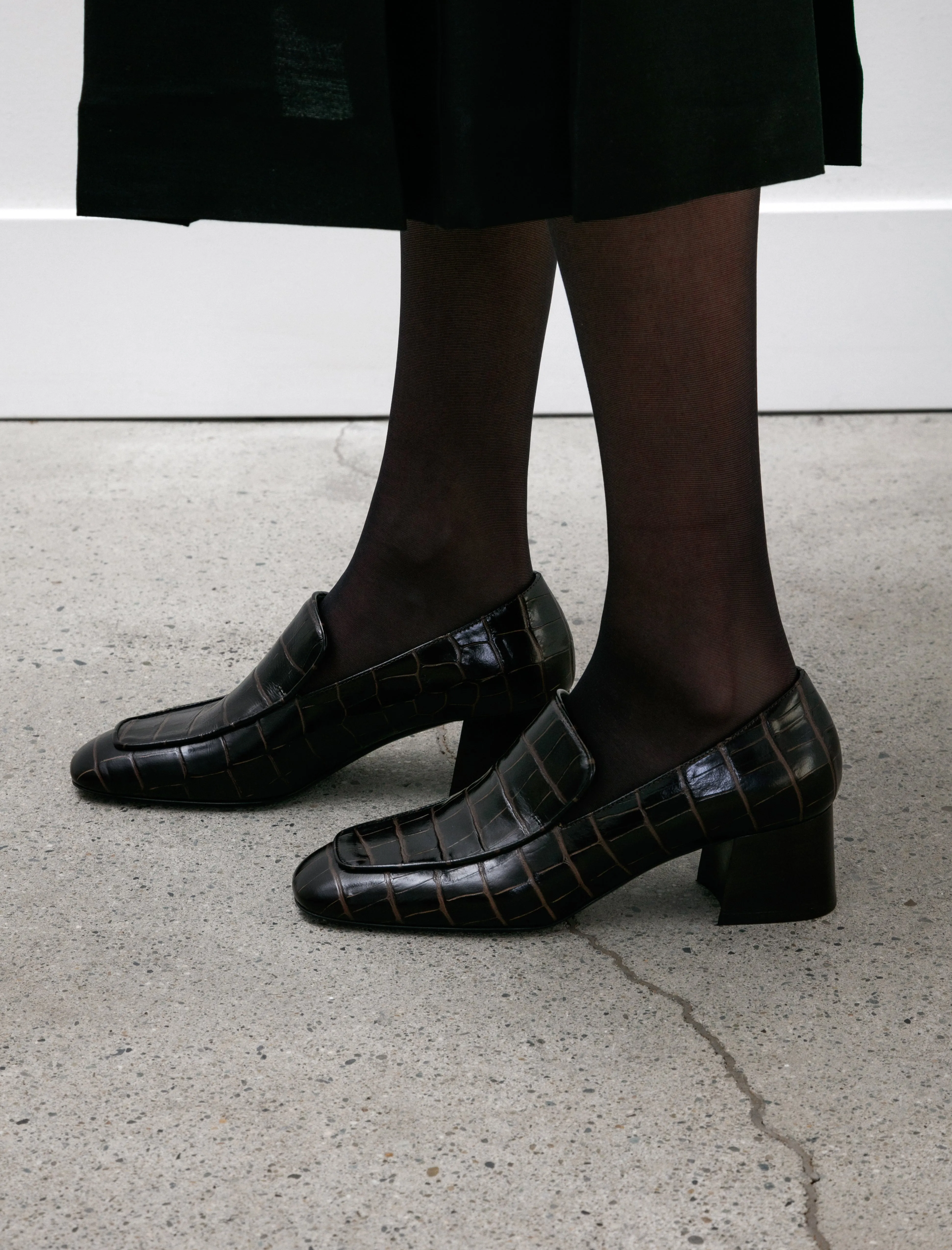 Block Heel Pump Croc Dark Brown