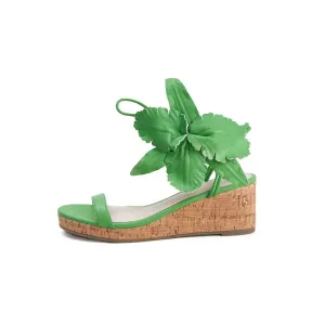 Cecelia New York Lala Kiwi Cork Flower Tie Up Open Toe Heel Wedge Heeled Sandals