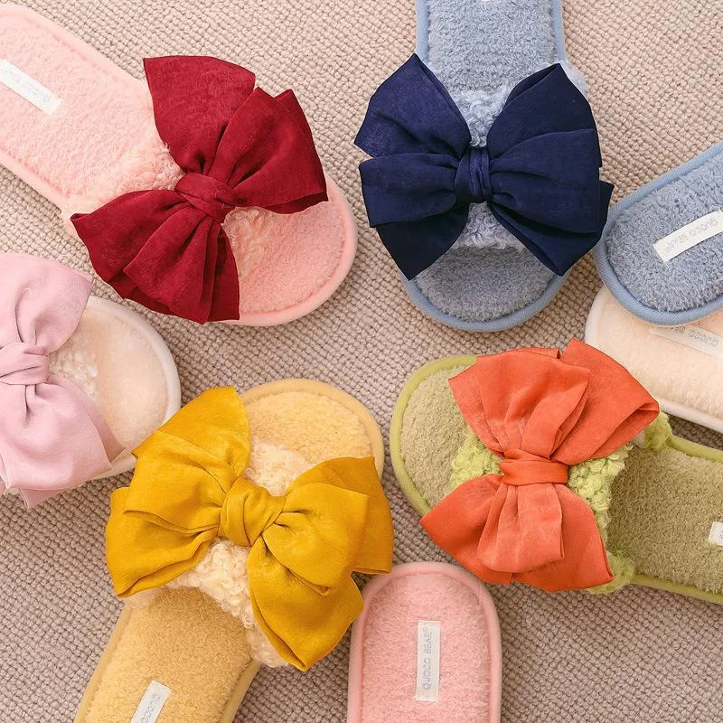 Chicvane New Women's open toe bowknot Soft Plush Fleece House Slippers