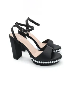 Satin Platform Block Heel Evening Sandals with Pearls