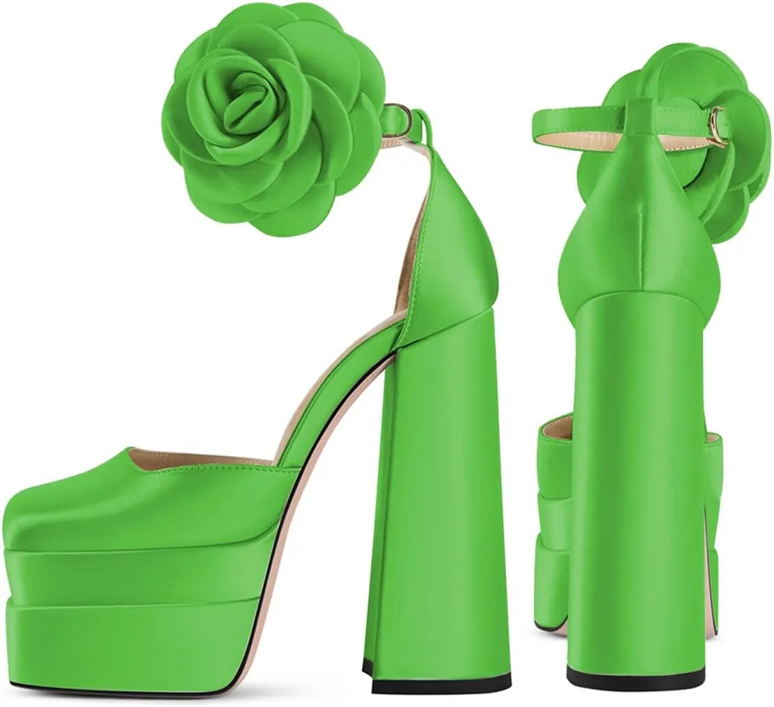 YDN Women Platform Square Toe Pumps Flower Block High Heels Ankle Strap Heeled D'Orsay Party Prom Shoe Size 4-15 US