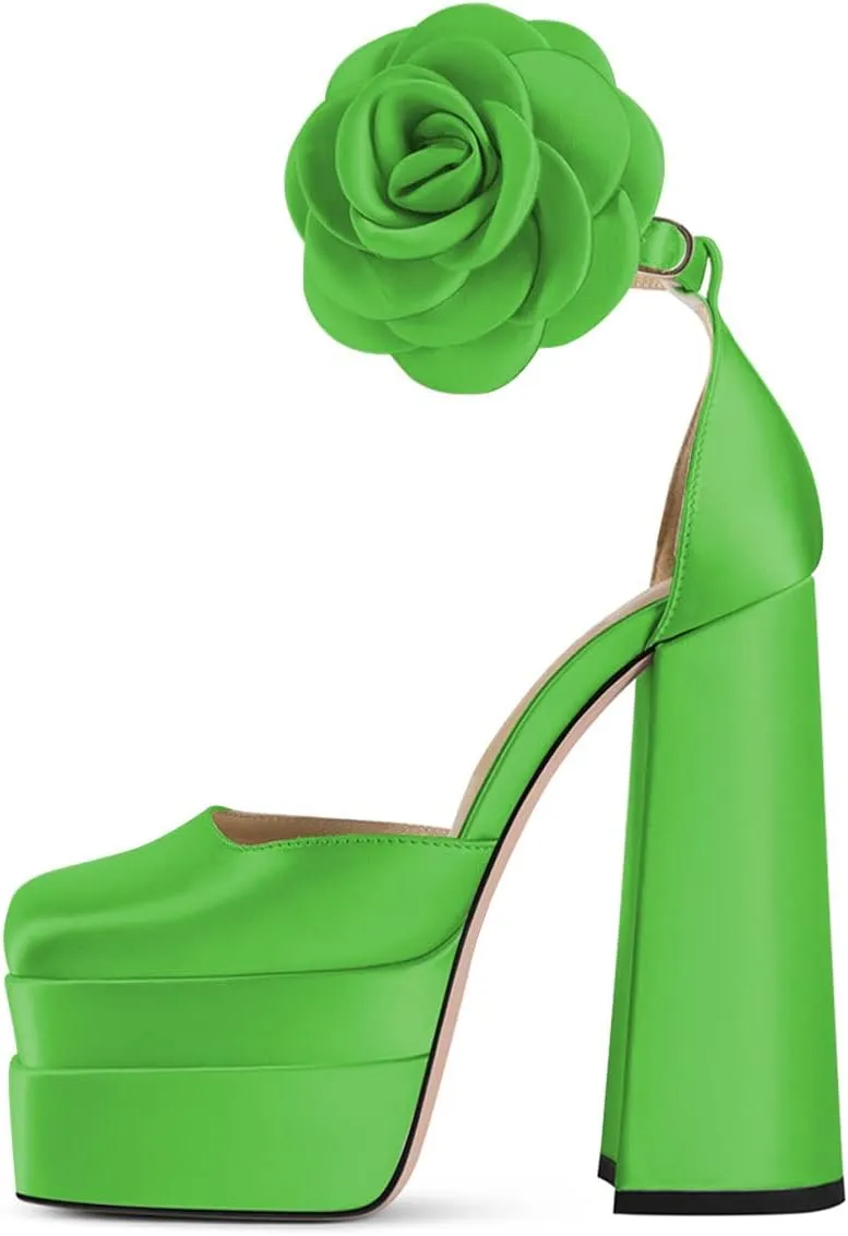 YDN Women Platform Square Toe Pumps Flower Block High Heels Ankle Strap Heeled D'Orsay Party Prom Shoe Size 4-15 US