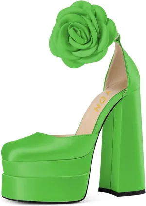 YDN Women Platform Square Toe Pumps Flower Block High Heels Ankle Strap Heeled D'Orsay Party Prom Shoe Size 4-15 US