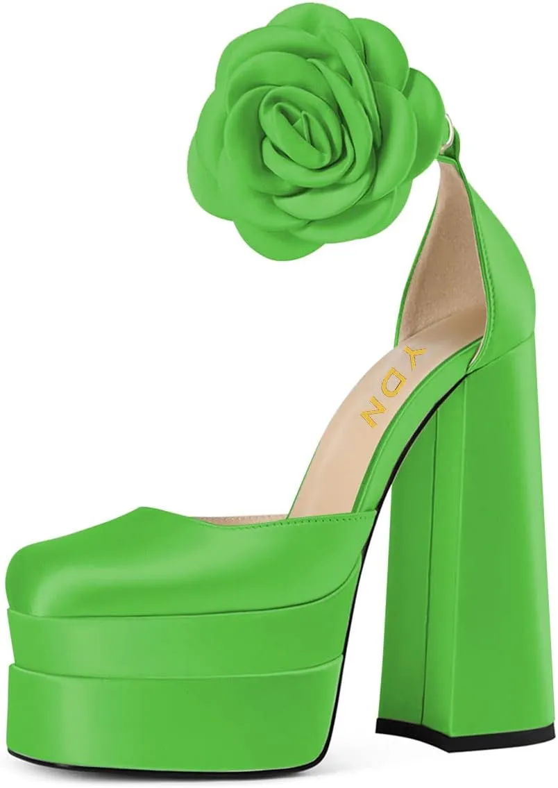 YDN Women Platform Square Toe Pumps Flower Block High Heels Ankle Strap Heeled D'Orsay Party Prom Shoe Size 4-15 US